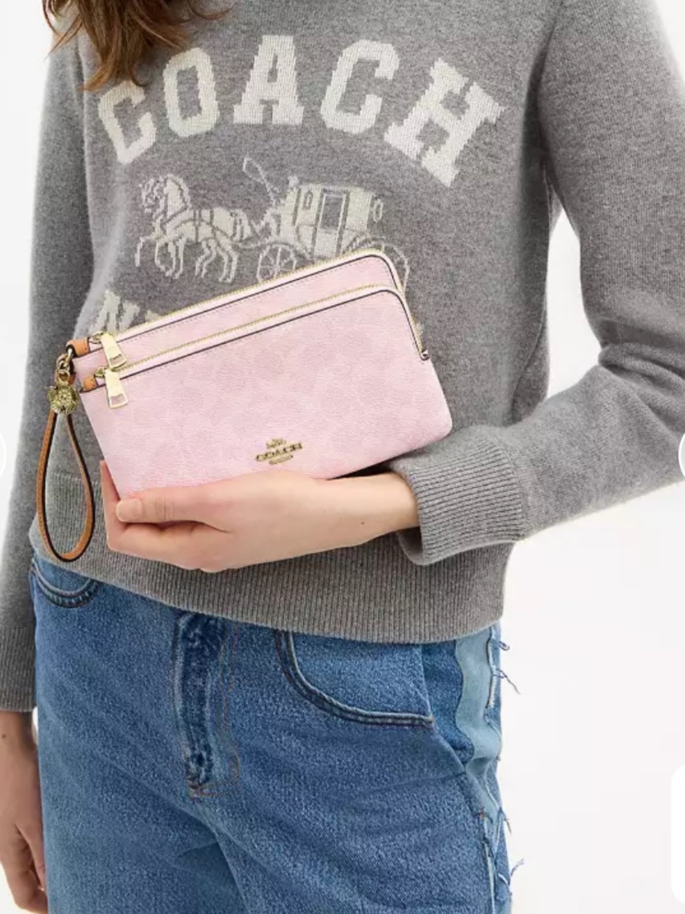 NWT🌸Coach Double Zip Wristlet In Signature Canvas With Charms Powder Pink CEF61 - Picture 7 of 7